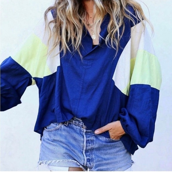 NWT FREE PEOPLE 80s 90s Linen Oversized Slouchy Colorblock Long Sleeve Top XS - Picture 1 of 13